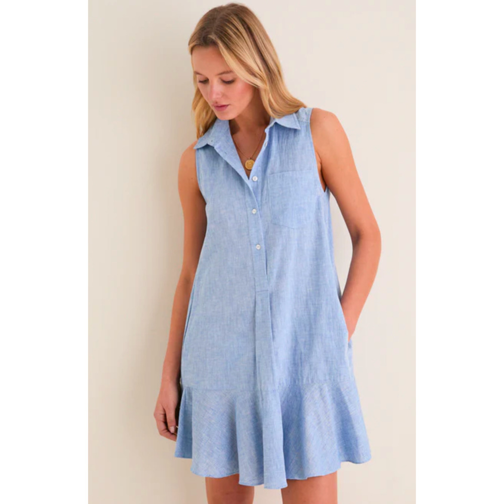 Tuckernuck Blue Sleeveless Chambray Linen Blend Flounce Hem Dress S